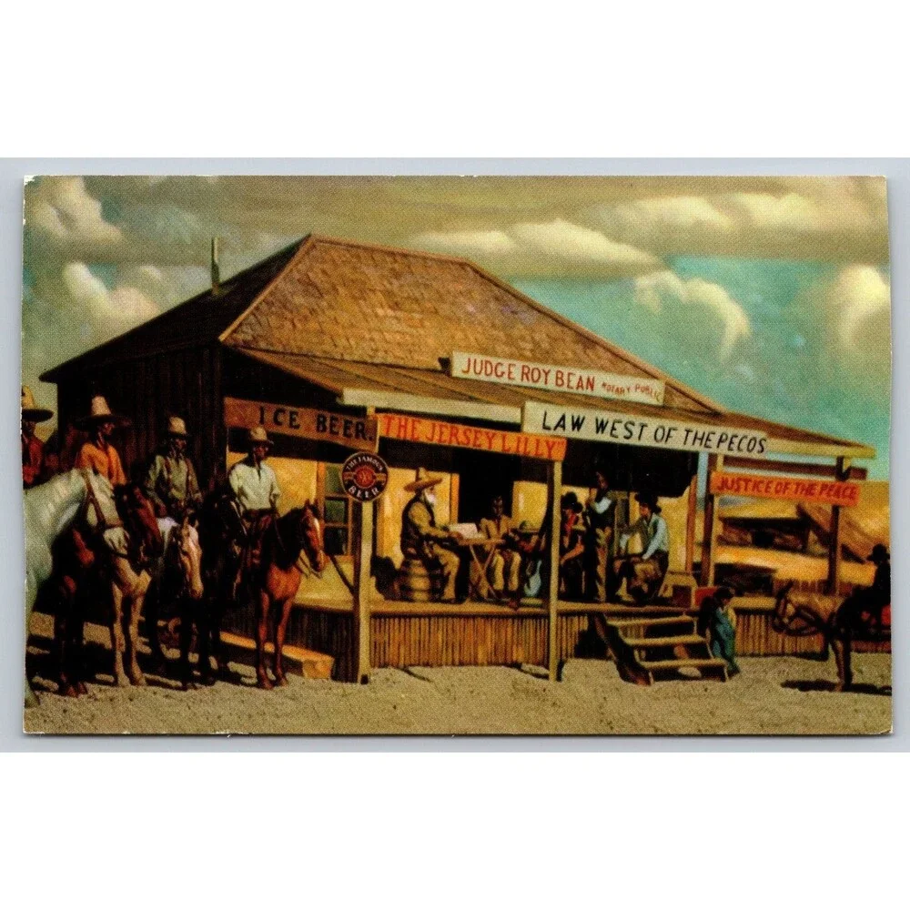 Vtg Postcard Judge Roy Bean Horse Thief Trial Jersey Lilly Saloon TX TRIMMED